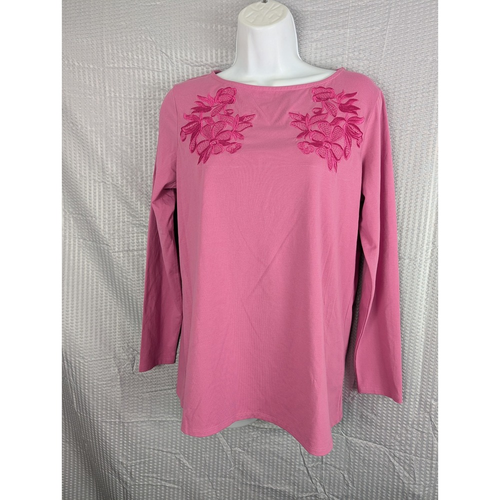 D2 Classy Womens Small Pink Floral Embroidered Long Sleeve Tunic Top